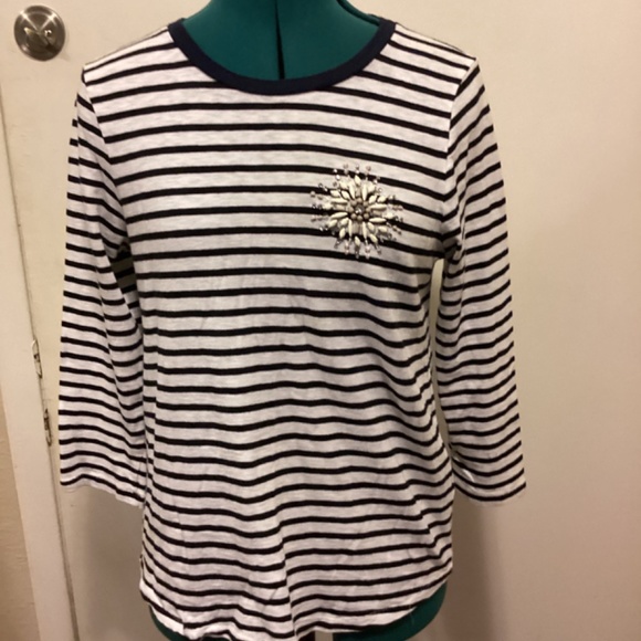 J.Crew 3/4 length sleeves Navy & White Striped Top w/beading Med - Picture 2 of 6